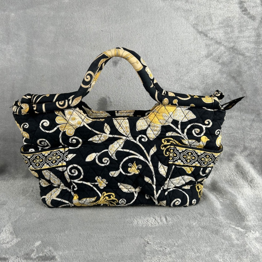Vera Bradley Night and Day Quilted Cotton Satchel Handbag Black Yellow Floral